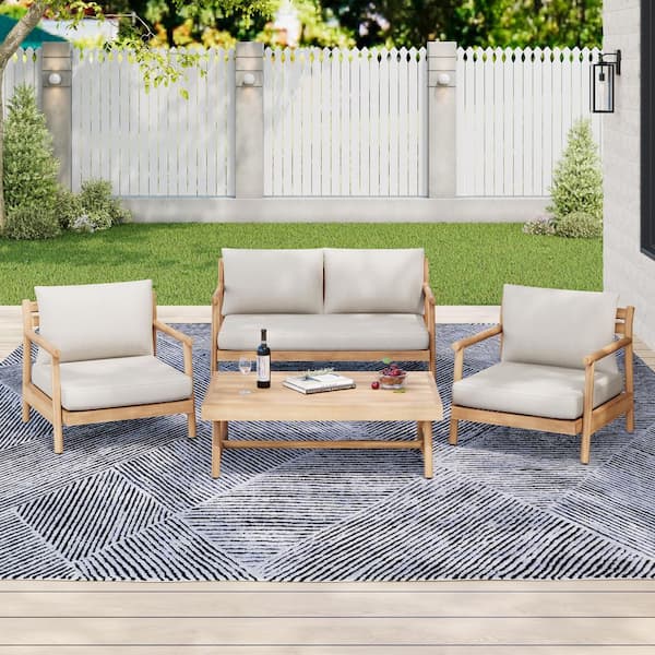 Galena Modern 4-Piece Solid Wood Outdoor Patio Conversation Set with Beige Cushions, Teak Finish
