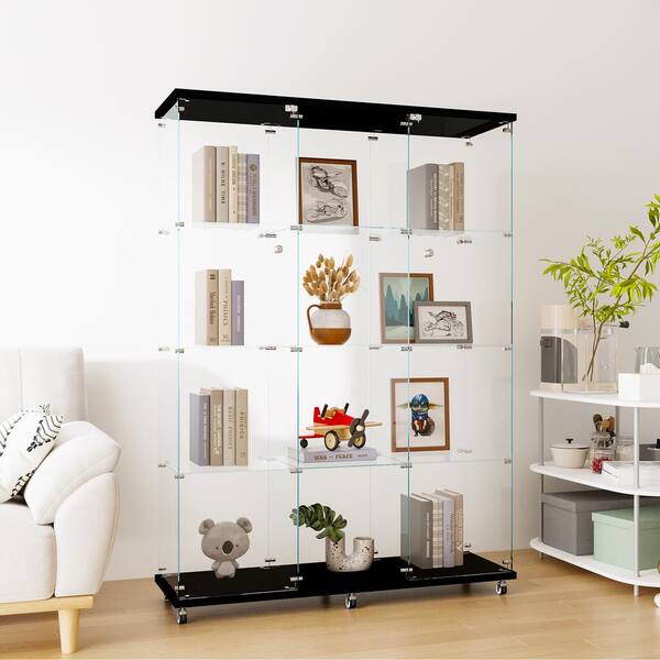 FUNKOL 66.14 in. x 47.64 in. x 14.57 in. 4-Shelf Wooden Ready to Assemble Base Display Cabinet in Black with 2 Glass Doors