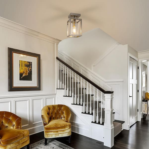 5.51 in. Nickel 1-Light Farmhouse Cage Semi Flush Mount Ceiling Light with Glass Shade for Living Room, Bedroom