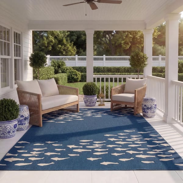 Courtyard Navy/Beige 8 ft. x 11 ft. Aquatic Indoor/Outdoor Area Rug