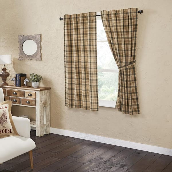 VHC BRANDS Cider Mill 36 in W x 63 in L Plaid Light Filtering Window Panel in Khaki Green Brown Pair