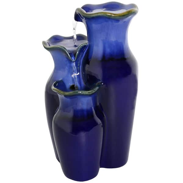 Sunnydaze 11 in. Blue Ceramic Tiered Glazed Pitchers Indoor Tabletop Fountain