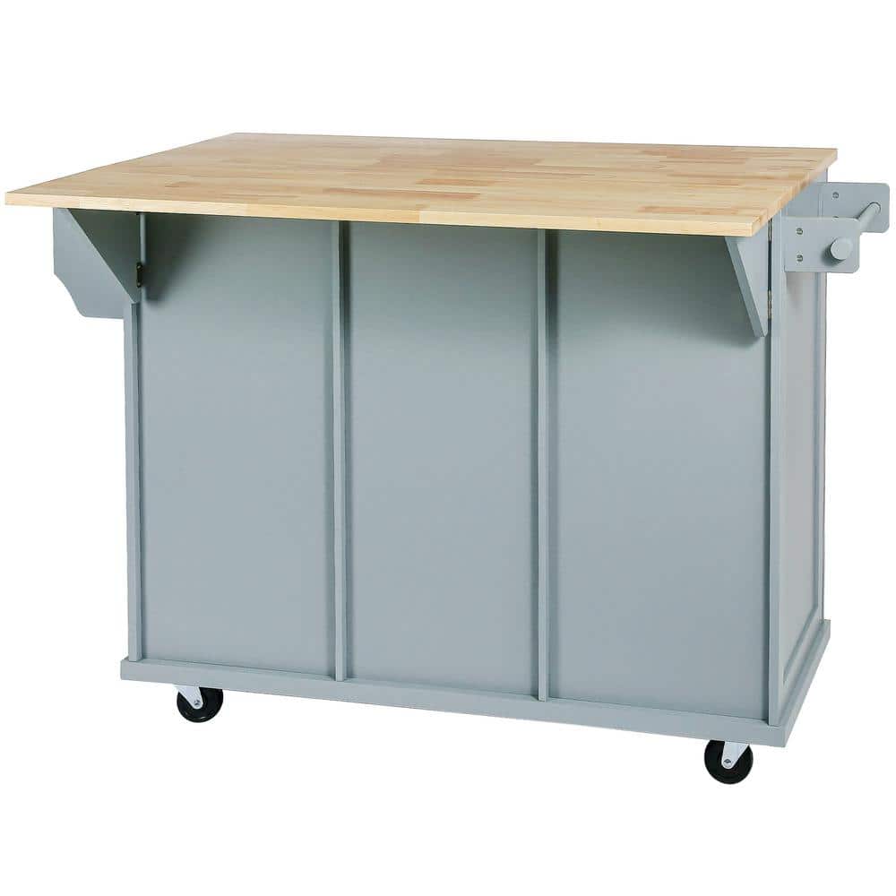 Blue Rubber Wood Kitchen Island with Drop-Leaf Countertop and Storage