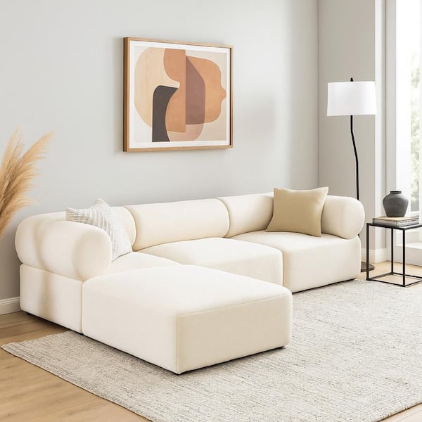 120 in. Round Fabric L Shaped Sectional Sofa in Ivory and Black