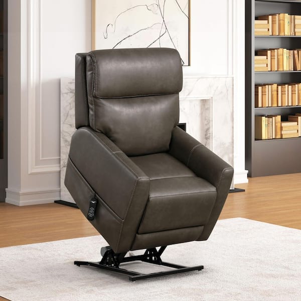 Hilltop Gray Leatherette Powered Recliner Lift Chair With Zone Heating and Patented Headrest System