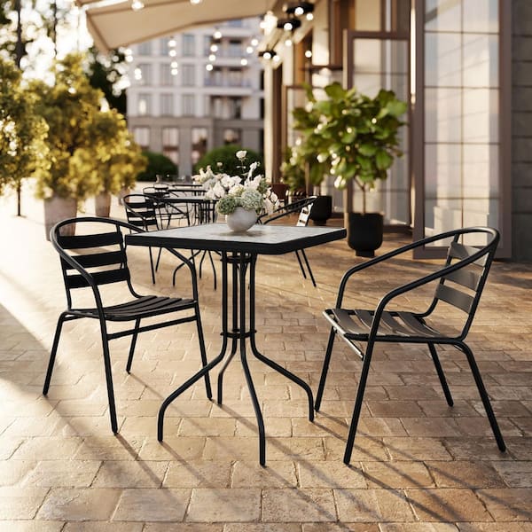 3-Piece Glass Square Outdoor Bistro Set in Clear/Black