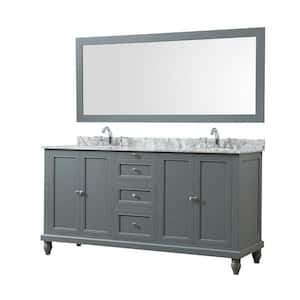 Classic 70 in. Bath Vanity in Gray with White Carrara Marble Vanity Top with White Basins and 1 Large Mirror
