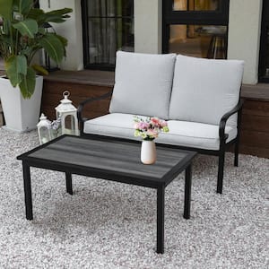 2-Piece Metal Patio Conversation Set Loveseat Sofa with Gray Cushions and Coffee Table