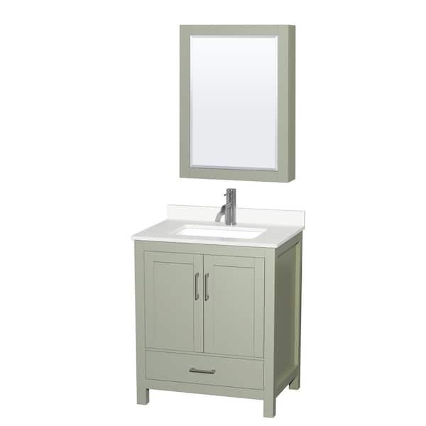 Wyndham Collection Sheffield 30 in. W x 22 in. D x 35 in. H Single Bath Vanity in Light Green with White Quartz Top and Mirror