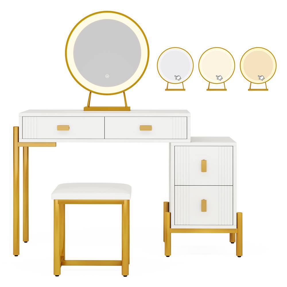 BYBLIGHT Helotes White Gold Makeup Vanity Table Stool Sets with LED