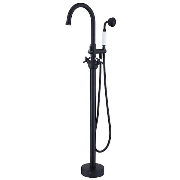 Classic Vintage Floor Mount 3-Handle Freestanding Tub Faucet with Hand Shower and Water Supply Hoses in Matte Black