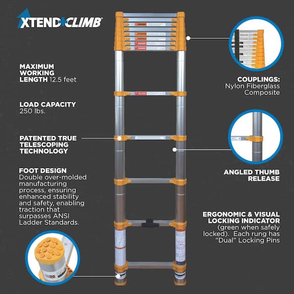 12.5 ft. Aluminum Telescoping Extension Ladder (16.5 Reach Height), 250 lbs. Load Capacity ANSI Type 1 Duty Rating