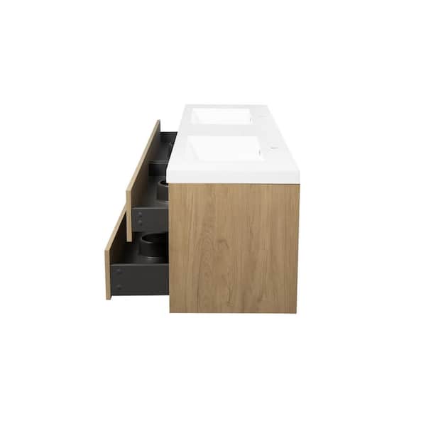 Haven 59 in. Double Sinks Modern Floating Natural Oak Bath Vanity with White Resin Top, Cabinet, Drawers