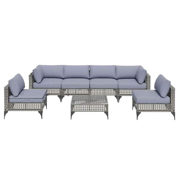 Sudzendf 7-Pieces Gray PE Rattan Wicker All Weather Outdoor Sofa Sectional Set with Blue Cushions and Coffee Table