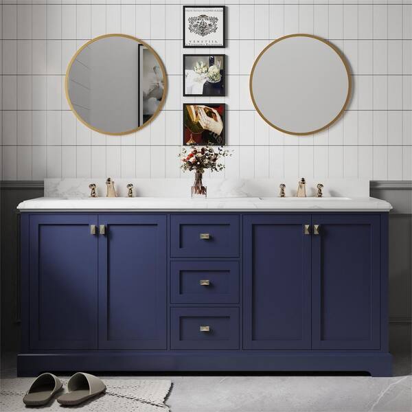 Abruzzo 72.6 in. W x 22.4 in. D x 40.7 in. H Freestanding Bathroom Vanity in Navy Blue with White Engineered Stone Top