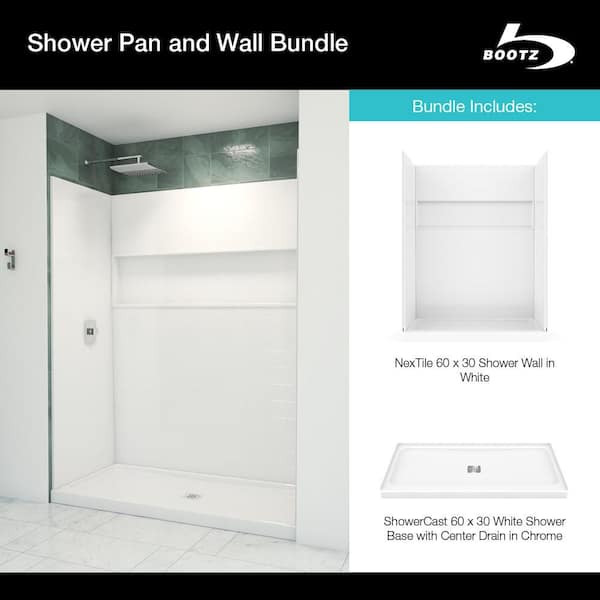 Aloha ShowerCast 60 in. L x 30 in. W Center Shower Pan Base and NexTile 60 in. W x 30 in. L x 74 in. H Shower Wall Kit Bootz Industries
