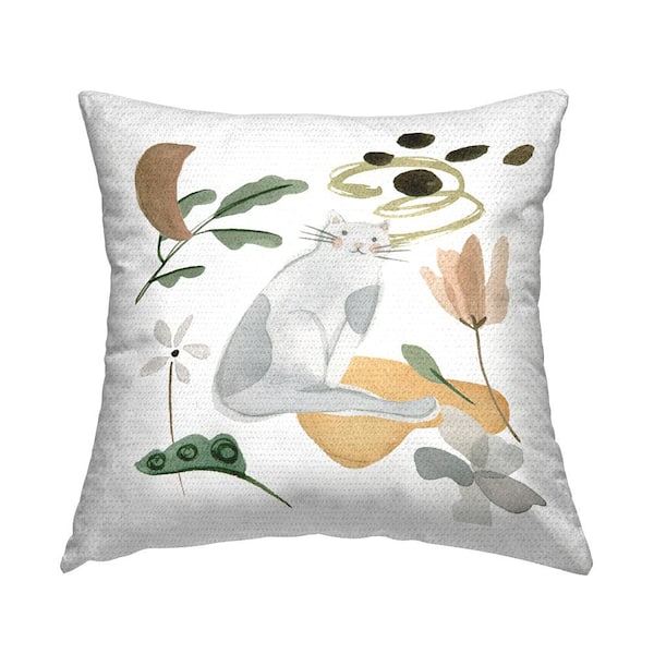 Stupell Industries Smiling Gray Cat Minimal Flower Sprigs Multi-Color Square Outdoor Throw Pillow