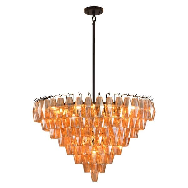 36 in. Large Dining Room Chandelier, 20 Lights Clear Amber Glass Tiered Chandelier, Black Round Chandelier, for Bedroom