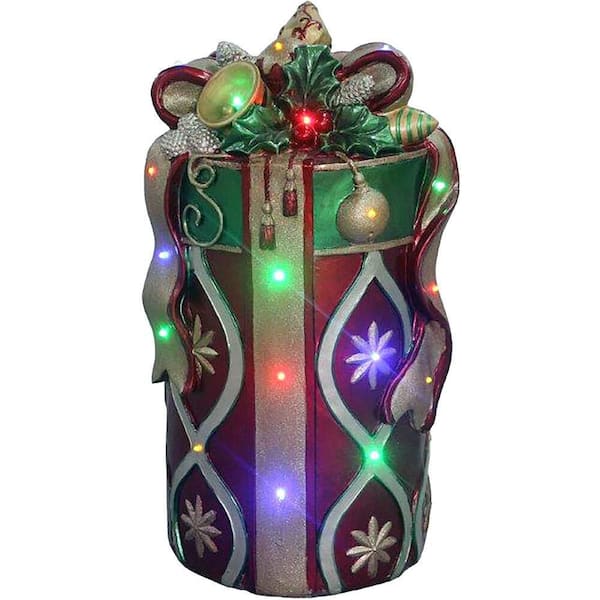 Fraser Hill Farm 26 in. Christmas Tall Round Gift Box with Long-Lasting LED Lights and Bow in Red/Gold