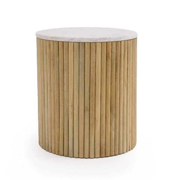 Benjara 16 in. White and Brown Round Marble End/Side Table with Wooden Frame