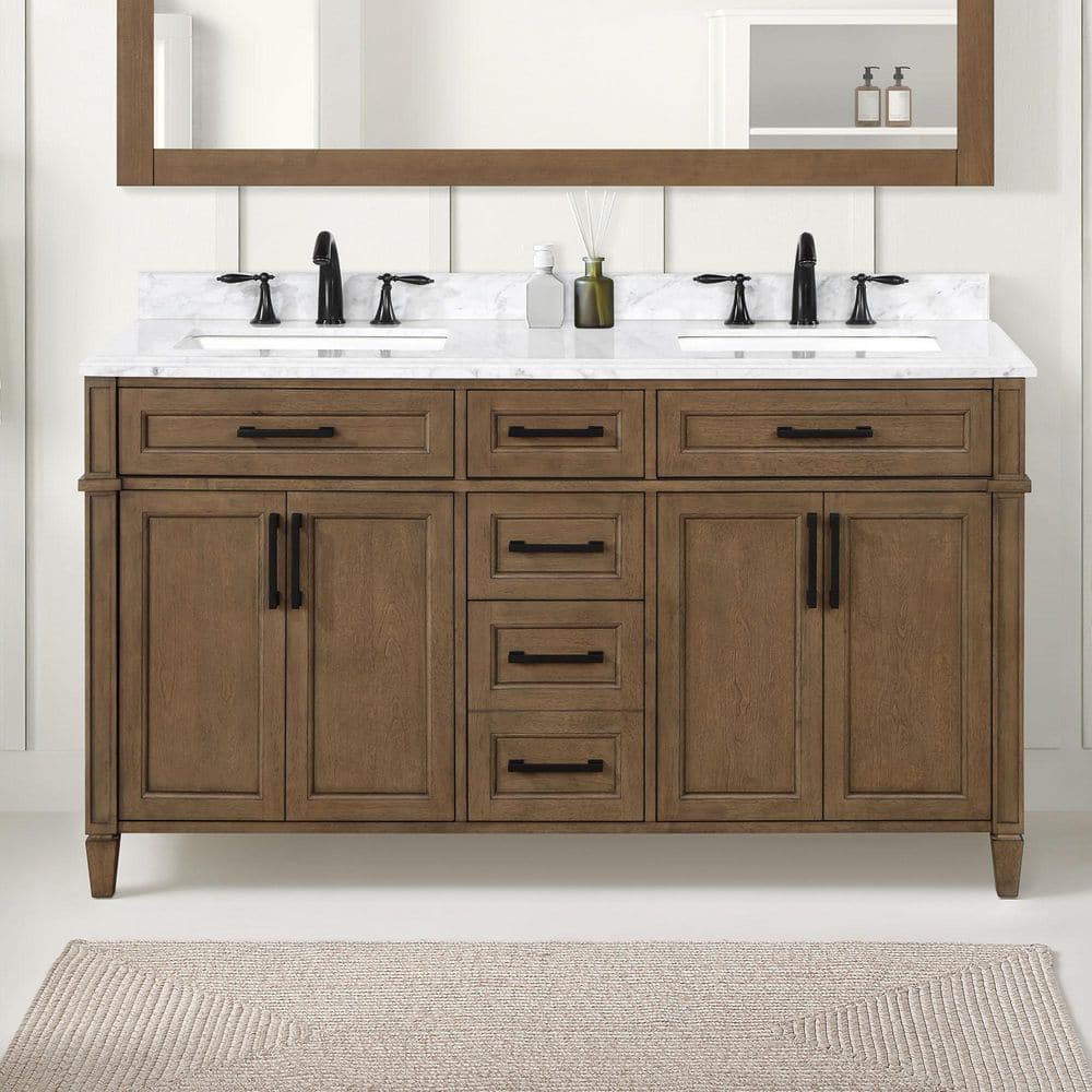 Caville 60 in. Double Sink Almond Latte Bath Vanity with Carrara Marble Top and Integrated Power Outlet (Assembled) price history on PriceWatchPro