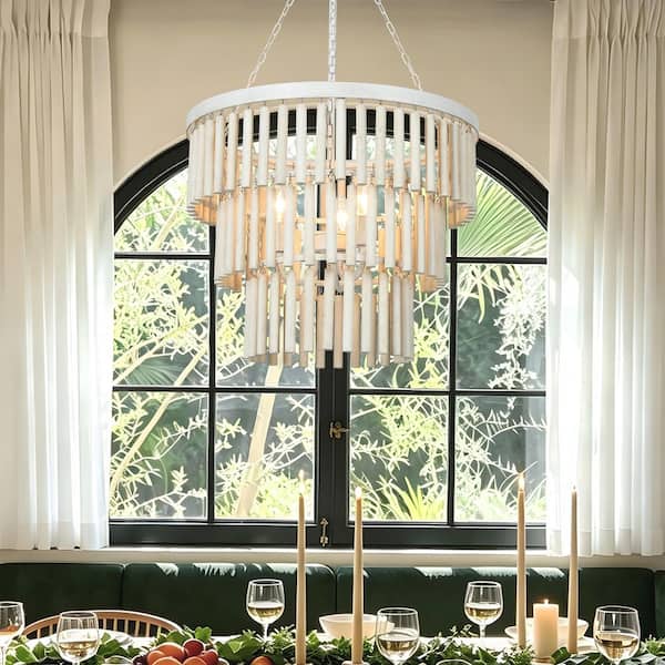 French Country 18.5 in. 3-Light Brushed White Chandelier, Wood Hanging Pendant Light for Living Room, Dining Room