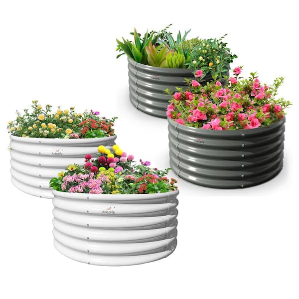 4 Pcs Round Gray and White Galvanized Steel Raised Garden Bed Above Ground for Vegetables & Flowers(48 in. L x 18 in. H)