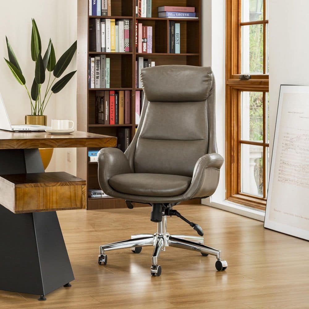 Gray Leather High Back Swivel Executive Office Chair