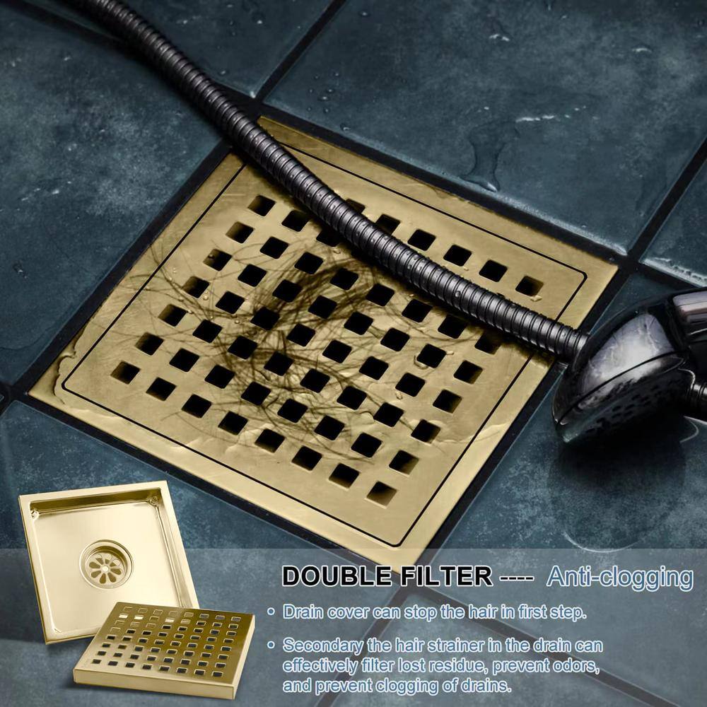 6-Inch Brushed Gold Stainless Steel Square Shower Drain