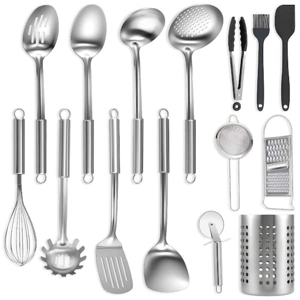 15-Piece Stainless Steel Kitchen Utensil Set with Holder, Dishwasher-Safe Heat-Resistant Cooking Tool Collection