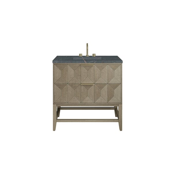 James Martin Vanities Emmeline 36.0 in. W x 23.5 in. D x 37.2 in. H Single Bathroom Vanity Pebble Oak and Parisien Bleu Quartz Top