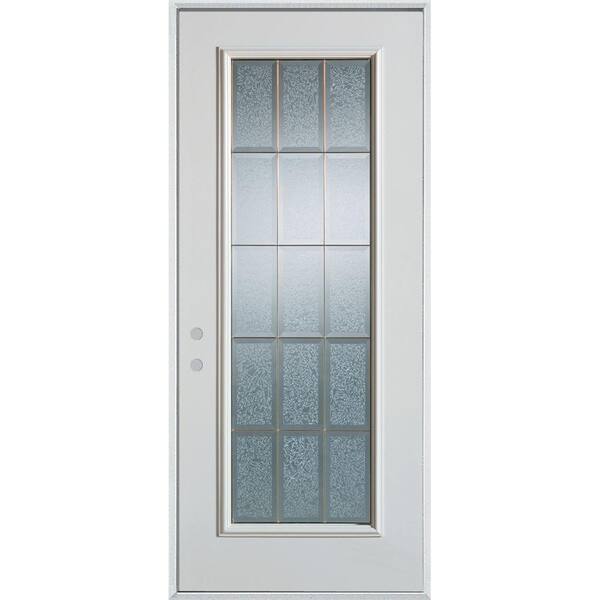 Stanley Doors 32 in. x 80 in. Geometric Clear and Brass Full Lite Painted White Right-Hand Inswing Steel Prehung Front Door