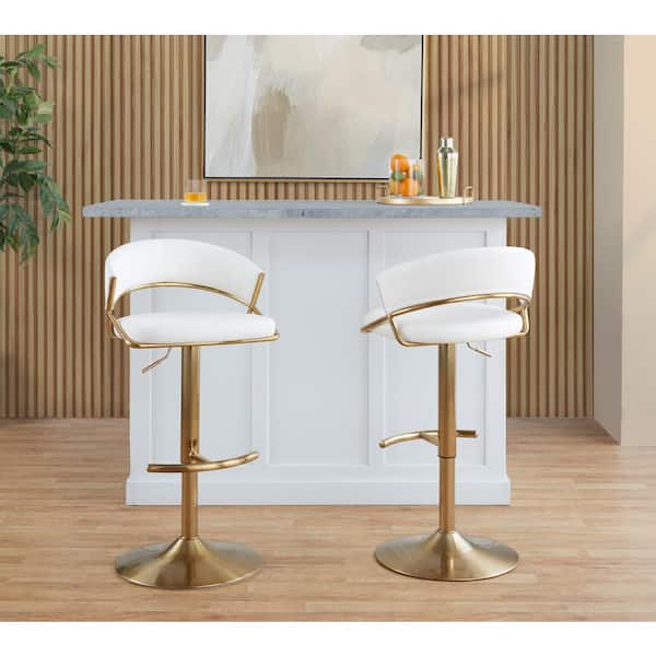 Jie 32.5 in. White Faux Leather and Gold Metal Adjustable Metal Bar Stool with Rounded T-Footrest (Set of 2)