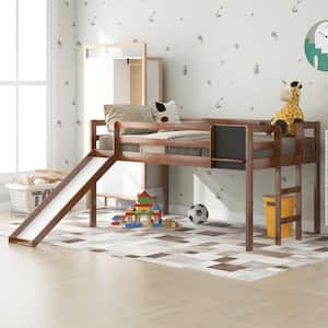 Walnut Twin Size Loft Bed Wood Bed with Slide and Chalkboard