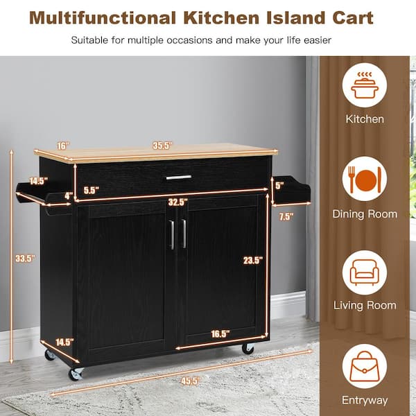 Costway Black Wood Base with Mdf Wood Top Rolling Kitchen Island (16-in x 45.5-in x 33.5-in)