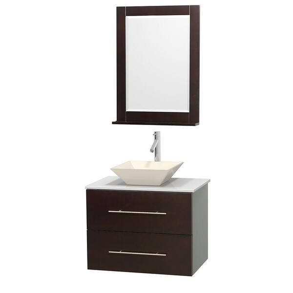 Wyndham Collection Centra 30 in. Vanity in Espresso with Solid-Surface Vanity Top in White, Bone Porcelain Sink and 24 in. Mirror