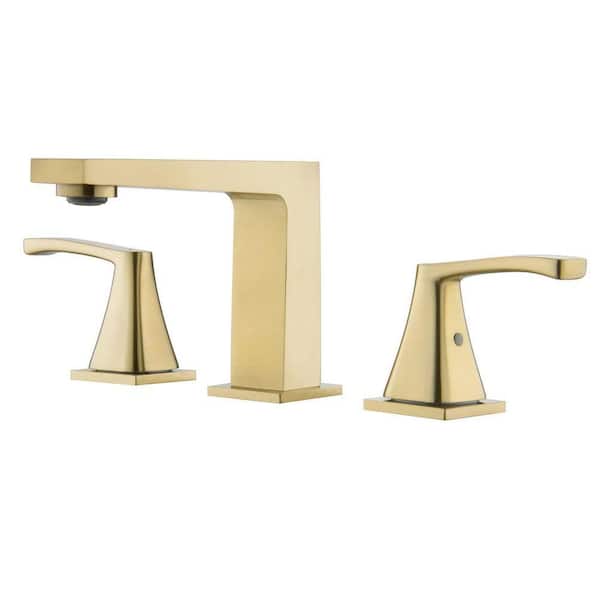 8 in. Widespread Double Level Handle Mid Arc Bathroom Faucet with Drain Kit Included in Brushed Gold
