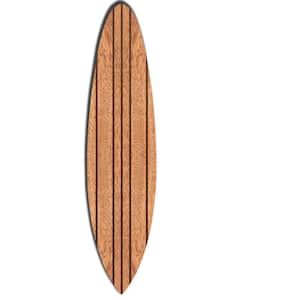 Brown Contemporary Wooden Surfboard Wall Art with Block Stripe Print