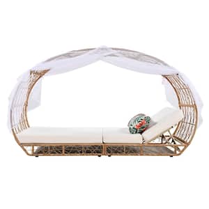 Natural 90.55" Wicker Outdoor Day Bed with Curtain, Beige Cushions, and Colorful Pillow, Backrest Adjustable Recliner