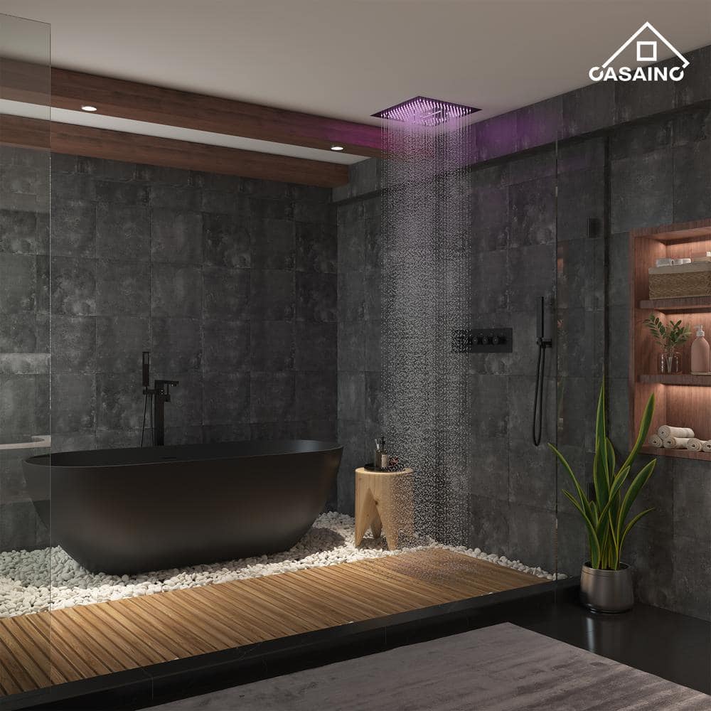 Matte Black 16-Inch Dual Square Ceiling Mounted Rain Shower System
