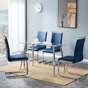 Modern Blue PU Leather High Back Dining Chair Upholstered Side Chair with C-shaped Metal Legs Office Chair (Set of 4)
