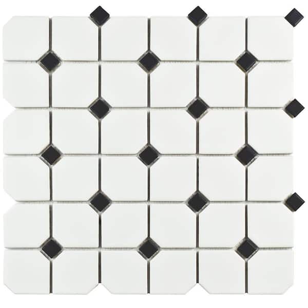 Merola Tile Metro Broadway Matte White with Black Dot 11-3/4 in. x 11-3/4 in. x 6 mm Porcelain Mosaic Tile