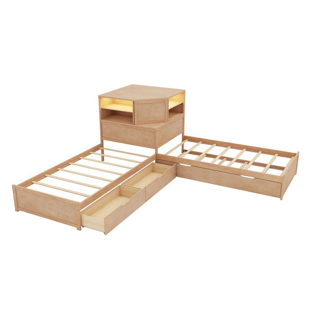 Natural (Yellow) Wood Frame Twin L-shaped Platform Bed with Trundle and Drawers Linked with Built-in Desk and LED - thumbnail 4