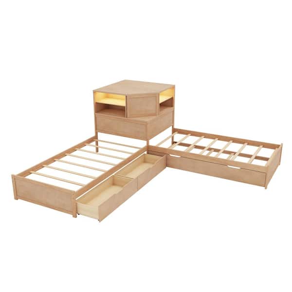 Natural (Yellow) Wood Frame Twin L-shaped Platform Bed with Trundle and Drawers Linked with Built-in Desk and LED