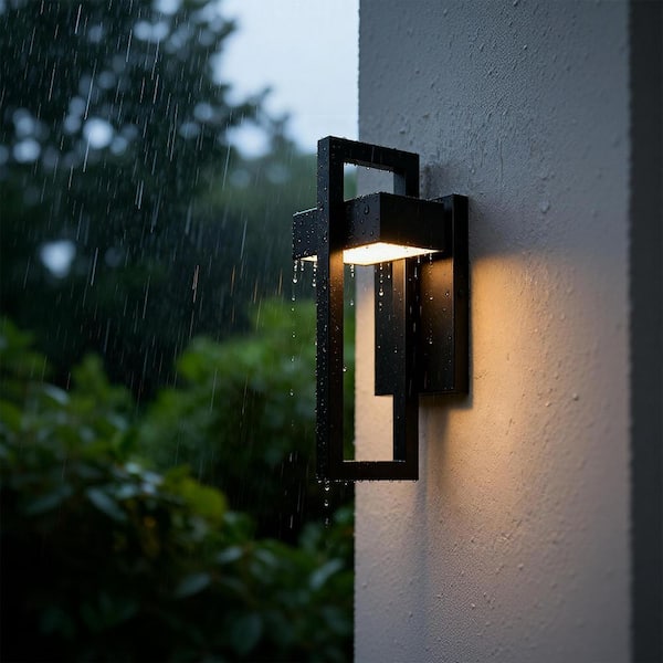 14 in. Modern Integrated LED Outdoor Wall Sconce 2-Pack, Matte Black Exterior Wall Mount Light, 3000K Porch Lighting
