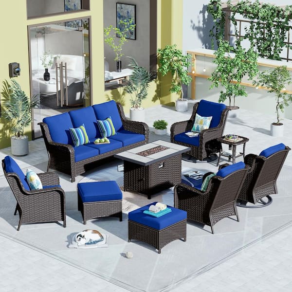 OVIOS Joyoung Brown 9-Piece Wicker Patio Rectangle Fire Pit Conversation Set with Navy Blue Cushions and Swivel Chairs