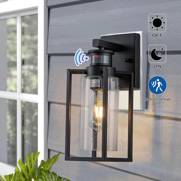 C Cattleya 1-Light Matte Black Motion Sensing Dusk to Dawn Not-Solar Outdoor Wall Lantern Sconce with Clear Seeded Glass