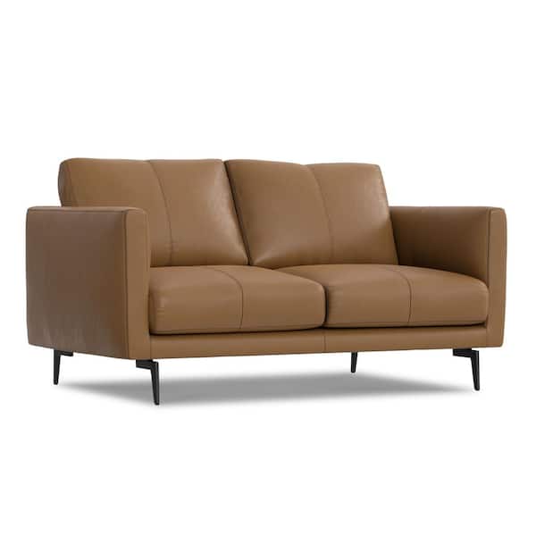 Simpli Home Stevens Modern Mid Century 60 in. Straight Arm Genuine Leather Wide Rectangle Sofa in. Butternut Brown
