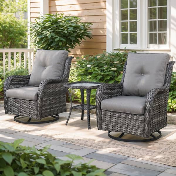 3-Piece Patio Gray Wicker Outdoor Chat Sets with Gray Olefin Cushions and Matching Side Table