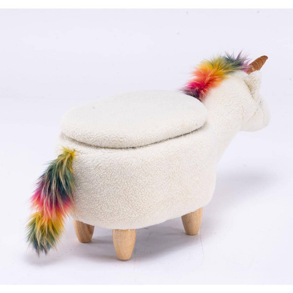 White and Multicolor Unicorn Fabric Storage Ottoman